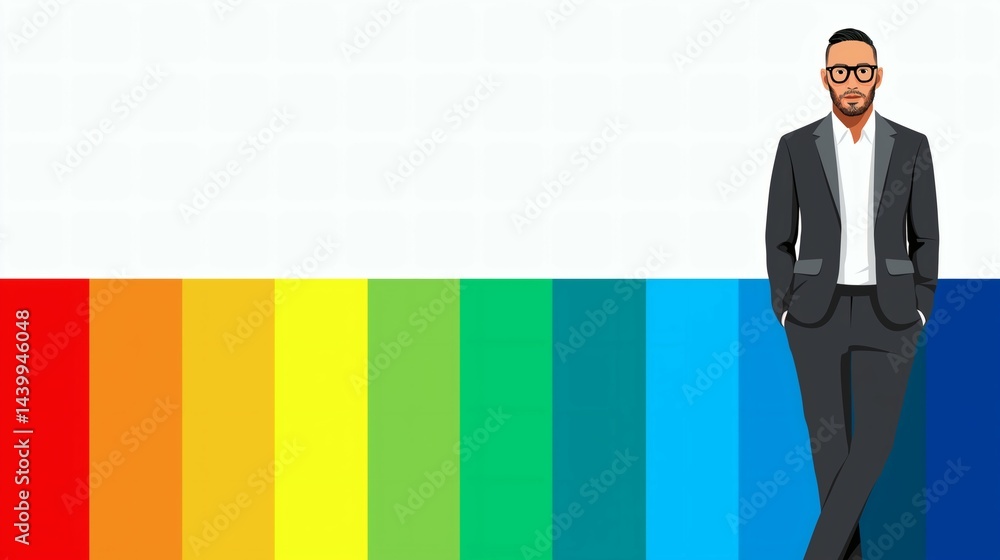 Businessman cartoon with rainbow background