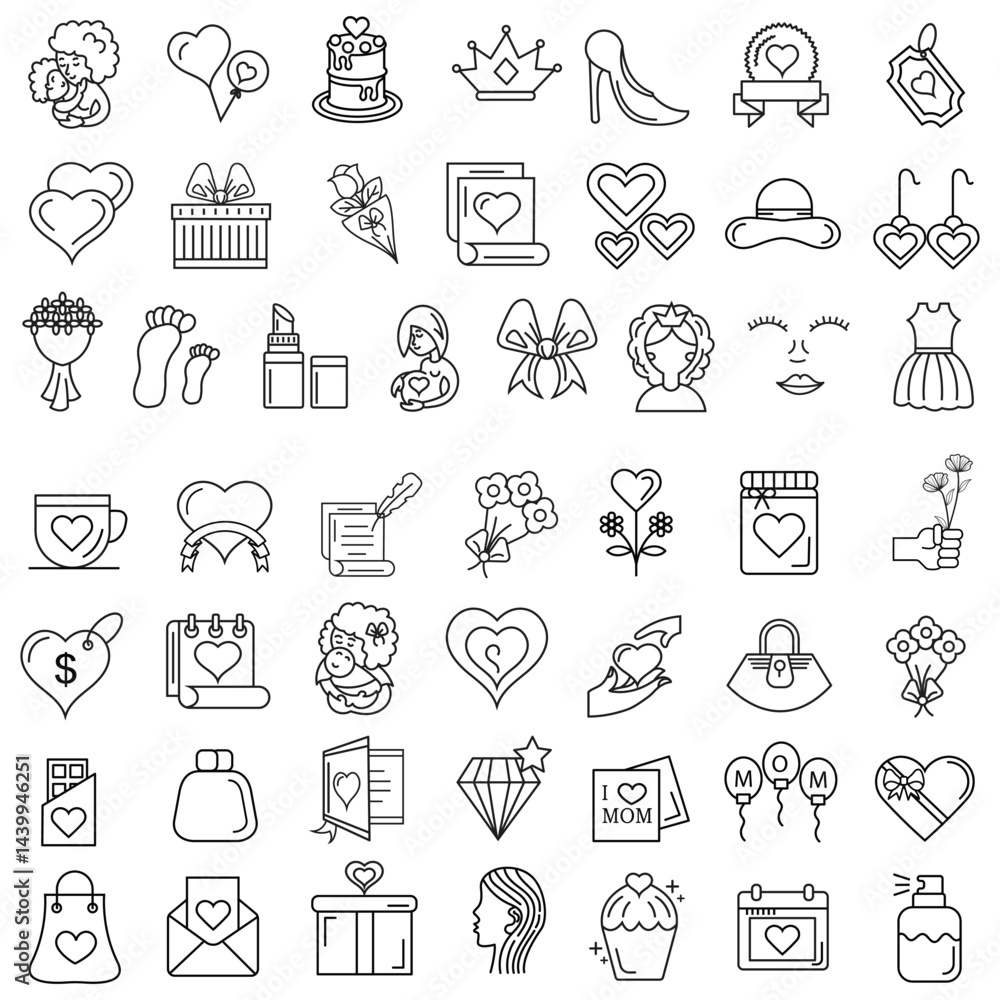 Art & Illustration A collection of minimalistic line icons themed around Mother's Day, Mother's Day Line Icons Set Art & Illustration A collection of minimalistic line icons themed around Mother's Day, Mother's Day Line Icons Set