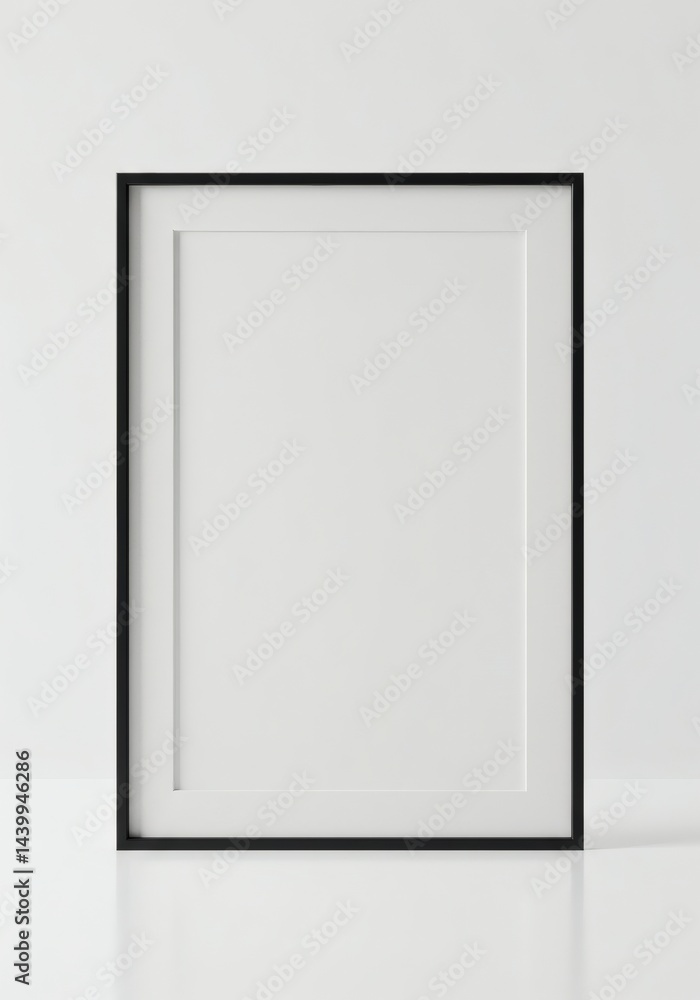 Elegant black picture frame standing on a glossy surface against a clean white background provides visual simplicity for modern decor mockups Elegant black picture frame standing on a glossy surface against a clean white background provides visual simplicity for modern decor mockups