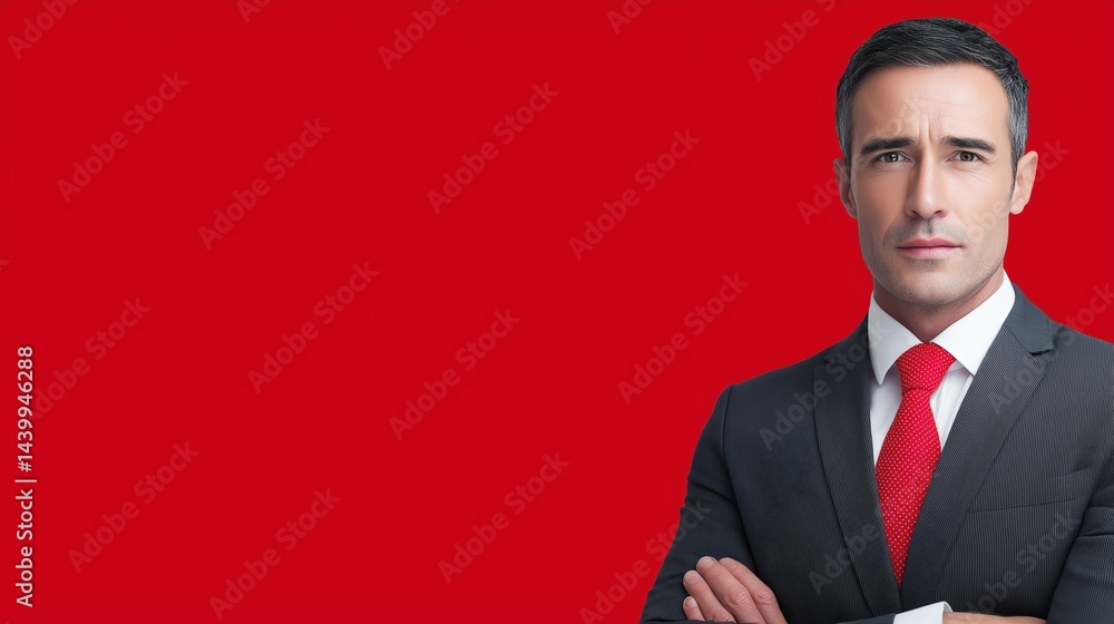 Businessman with red tie, Serious corporate portrait, Concept of power and confidence