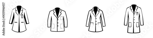 Collection of vector illustrations depicting various styles of lab coats in black and white