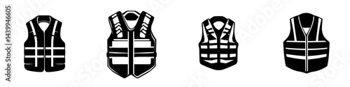 Vector illustration of black and white safety vests showing different styles for work and industrial applications