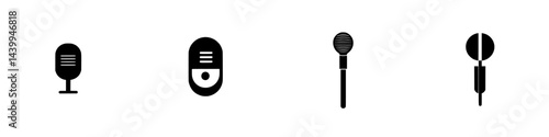 Vector illustration of four microphone icons in black and white showcasing various microphone styles and designs for audio representation