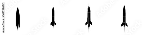 Vector illustration of various rocket designs in black and white with different shapes and features