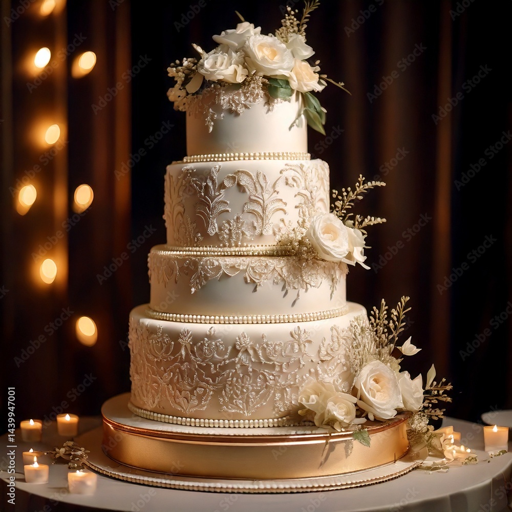 Beautiful three-tiered wedding cake, adorned with white roses and intricate lace details, stands ready for celebration Beautiful three-tiered wedding cake, adorned with white roses and intricate lace details, stands ready for celebration