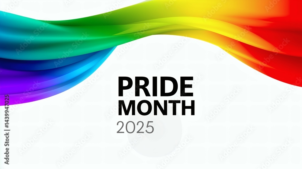 Flowing rainbow waves and Pride Month 2025 text