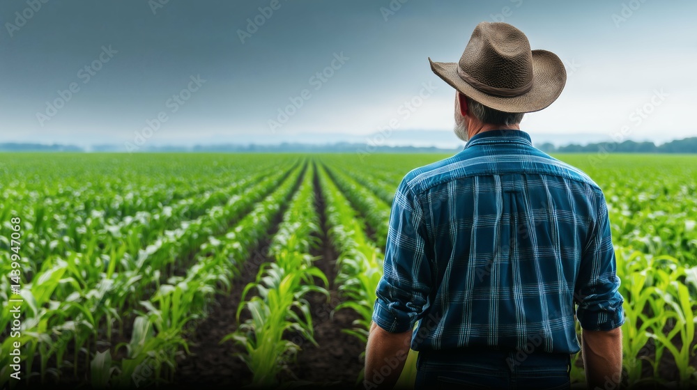Farmer watching green crop fields, Man standing in rural farmland, Concept of agriculture, farming and countryside lifestyle