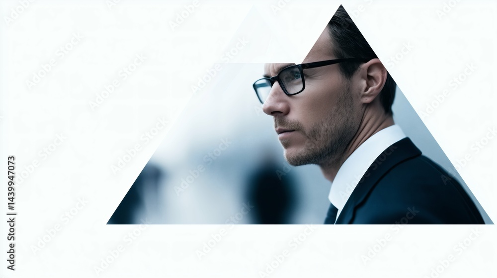 Focused businessman profile, Triangular geometric frame, Concept of future vision in business