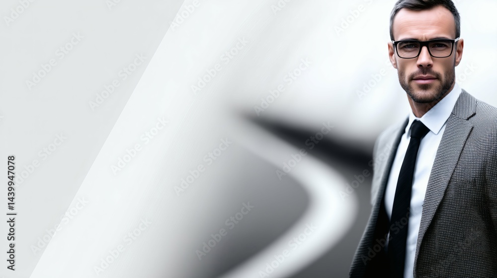 Focused businessman modern background, Visionary leader in business, Concept of strategic thinking and success