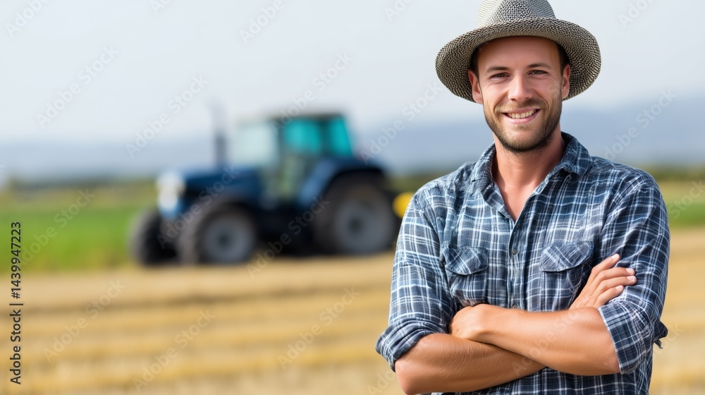 Happy farmer standing in field, Young man in hat on farmland with tractor, Concept of farming lifestyle and agriculture