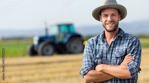 Obraz na płótnie Happy farmer standing in field, Young man in hat on farmland with tractor, Concept of farming lifestyle and agriculture w salonie