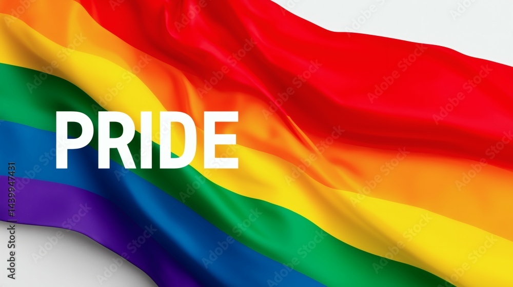 Pride text over waving rainbow flag