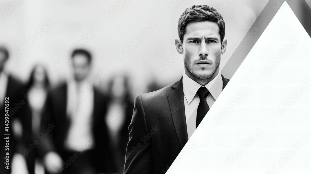 Serious businessman black white background, Leadership in dynamic corporate environment, Concept of focus and determination in business