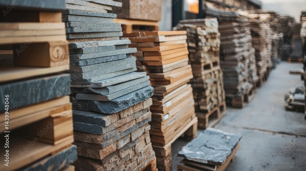 Unused pallets of bricks and tiles at a silent construction site Unused pallets of bricks and tiles at a silent construction site