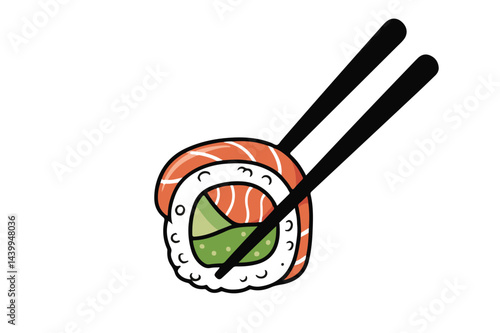Sushi roll with chopsticks, Japanese seafood dish, traditional asian cuisine vector illustration. Delicious Japan cuisine dish
