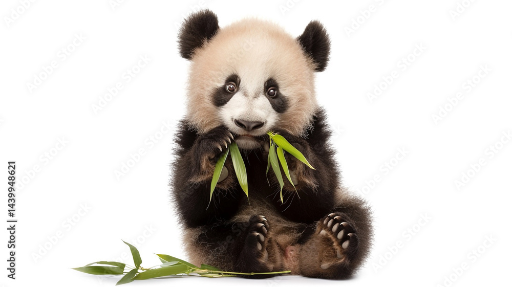 Naklejka premium Adorable baby panda sitting and eating fresh green bamboo leaves. Cute and fluffy.