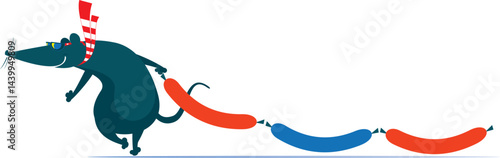 Happy rat or mouse dragging sausages. 
Funny rat or mouse stealing three appetite sausages. Isolated on white background
