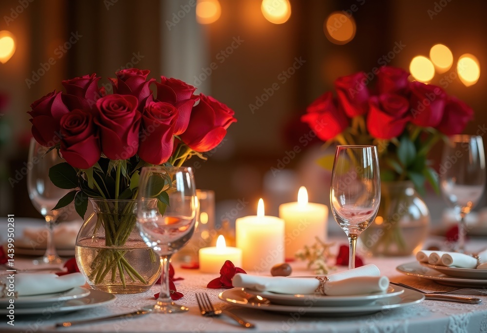 elegant romantic table setting red roses candles fine dining atmosphere intimate mood floral decor, interior, ambiance, intimacy, light, linens, dishware elegant romantic table setting red roses candles fine dining atmosphere intimate mood floral decor, interior, ambiance, intimacy, light, linens, dishware