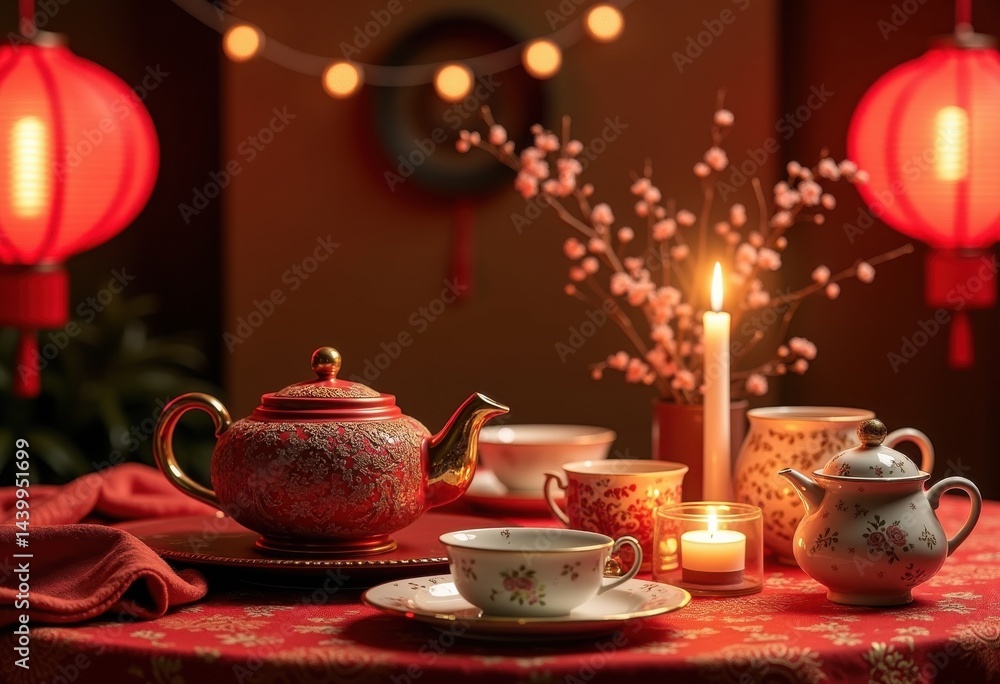 Fototapeta premium festive table setup bright red lanterns tea cozy gathering atmosphere delightful decor, candle, ceramics, cloth, holiday, celebration, invitation, ribbon