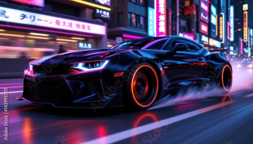 High-speed car drift at night in urban tokyo dynamic photography neon lights exciting environment