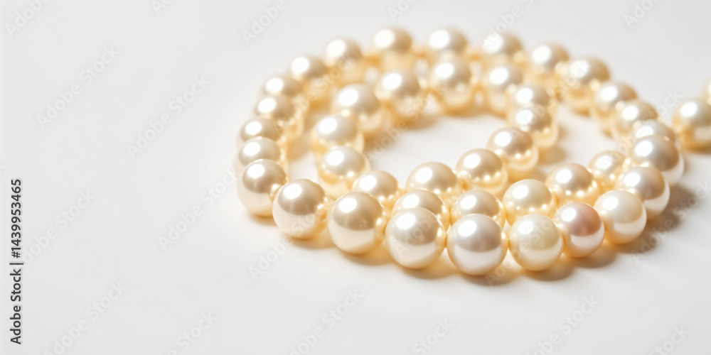 Close-up of a pearl necklace, coiled around itself on a silver background Close-up of a pearl necklace, coiled around itself on a silver background