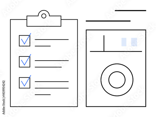 Clipboard with checklist and compact camera highlight task completion and creative tool usage. Ideal for productivity, planning, photography, media, organization, efficiency, visual storytelling