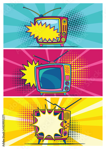 Comic retro tv set on halftone and dots backdrop. Vector colorful background in pop art retro comic style. Cartoon vintage 70s, 80s television