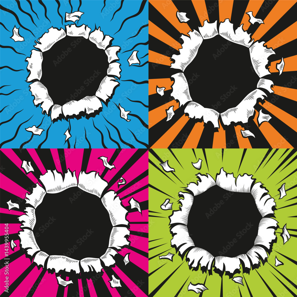 Set of comic book holes. Vector paper is torn through boom explosion. Circle holes in the middle on color backgrounds. Comics style cover template or flyer wallpapers