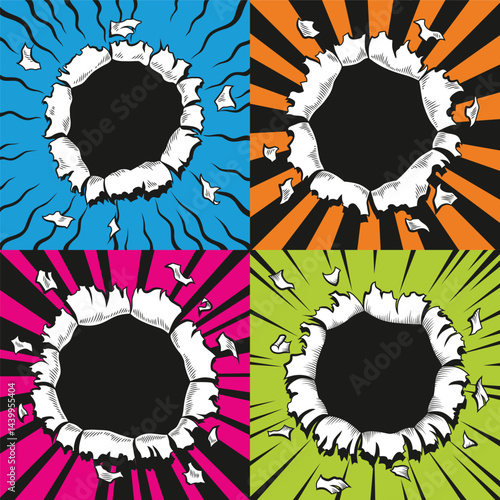 Obraz na płótnie Set of comic book holes. Vector paper is torn through boom explosion. Circle holes in the middle on color backgrounds. Comics style cover template or flyer wallpapers w salonie