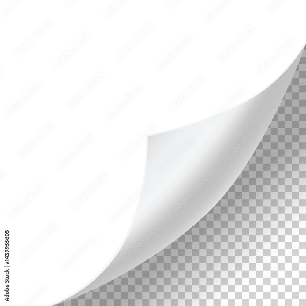 Curled paper corner. Curve page corner, page edge curl and bent paper sheet with realistic shadow. Paper corner fold isolated on white background