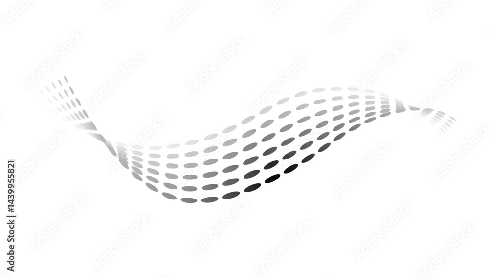 Dotted halftone waves. Flowing wavy lines pattern. Abstract liquid shapes, wave effect dotted gradient texture. Curve textures with halftone circular point isolated on white background