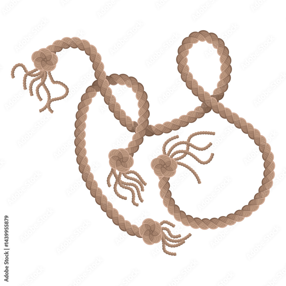 Hanging rope with tassel and node. Knitted nautical thread or marine vertical fiber. Textile tassel hang at rope isolated on white background. Vector illustration