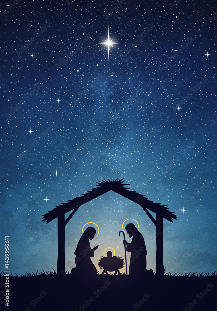 Fototapeta premium Silhouette Nativity Scene under a Dark Starry Night Sky