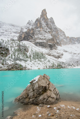Lake Sorapis, Dolomites, Italy. Lake and reflections on the water surface. Mo...
