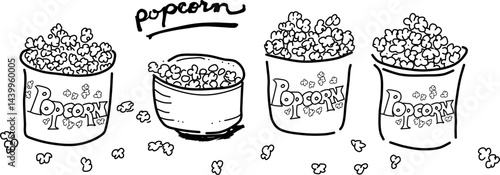 Hand-drawn popcorn vector doodles. Buckets of popcorn and a bowl of popcorn. Get ready for movie night!