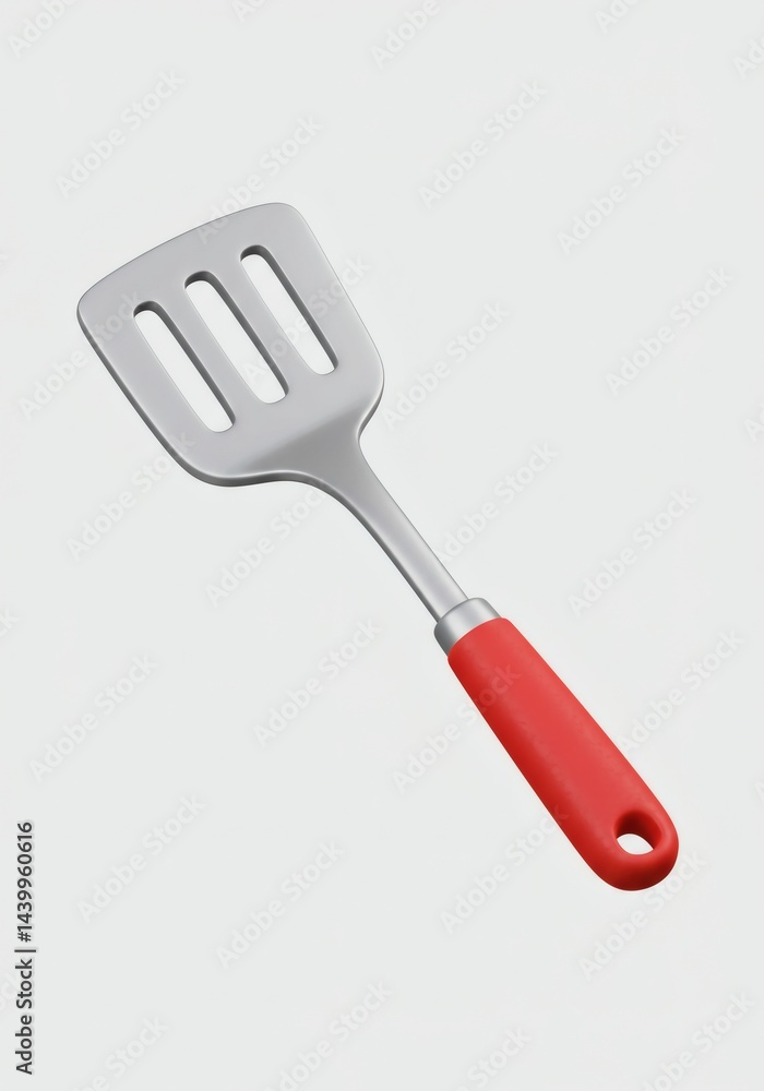 Isolated spatula with slotted head and vibrant handle ready for culinary preparation and domestic kitchen tasks on a neutral surface Isolated spatula with slotted head and vibrant handle ready for culinary preparation and domestic kitchen tasks on a neutral surface
