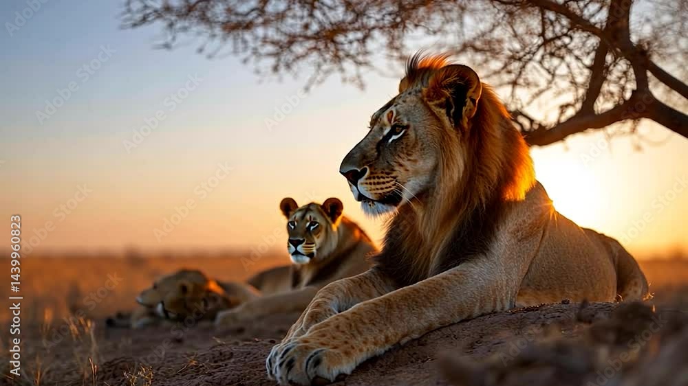 Majestic male lion rests under an acacia tree at sunset, two lionesses in the background, golden hour light bathes the savanna grasslands Majestic male lion rests under an acacia tree at sunset, two lionesses in the background, golden hour light bathes the savanna grasslands
