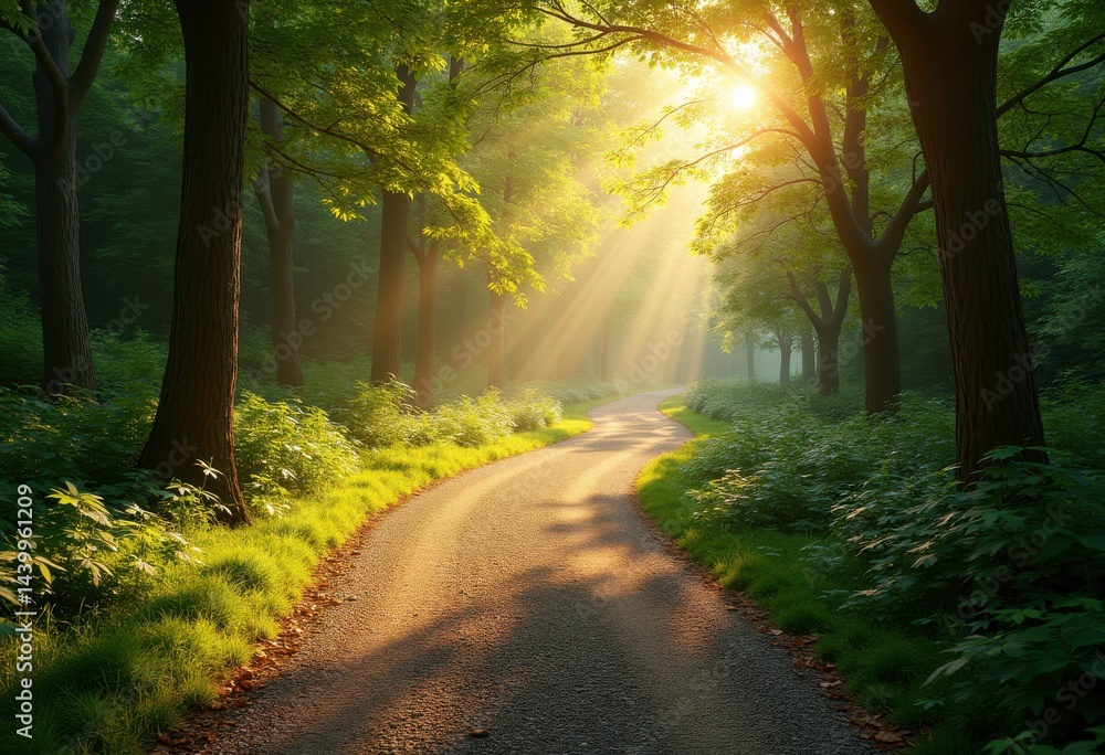 Fototapeta premium scenic gravel path winding through sunlit forest lush greenery illuminated golden light natural beauty, trees, nature, pathway, trail, landscape, foliage