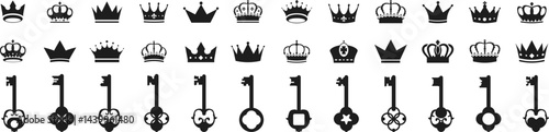 Crown silhouette collection, royal luxury crown set. Premium crowns. antique key silhouettes. Medieval and modern keys