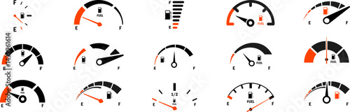 Fuel gauge scale and fuel meter. Fuel indicator. Gas tank gauge. Speedometer, tachometer, indicator icons. Performance measurement