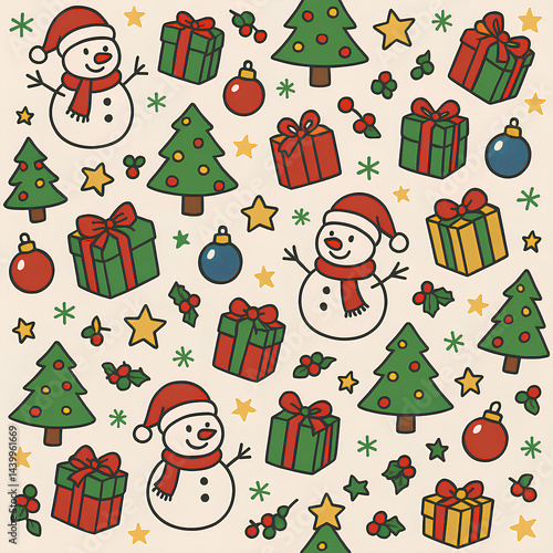 Seamless Christmas Pattern with Snowmen, Gift Boxes, Christmas Trees, Stars, and Ornaments on Beige Background