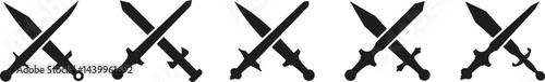 Swords in flat style and silhouettes isolated. Cross  swords. Ancient and medieval swords. Vector illustration