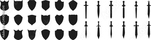 Shields set. Collection of security shield icons. Swords in flat style. Ancient and medieval swords