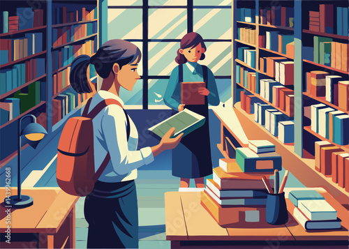 Young Woman Browsing Books in a Cozy Bookstore