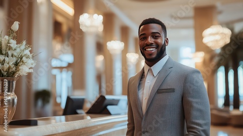 Smiling man at hotel reception desk