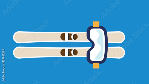 Stylized illustration of water skis or snow skis with bindings on a bright blue background. Top down view of beige skis with brown bindings and navy blue boot holder with orange accents.