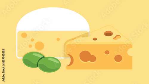 Stylized illustration of different types of cheese with green olives on a yellow background. Features white and yellow cheese wedges with holes and two glossy green olives.
