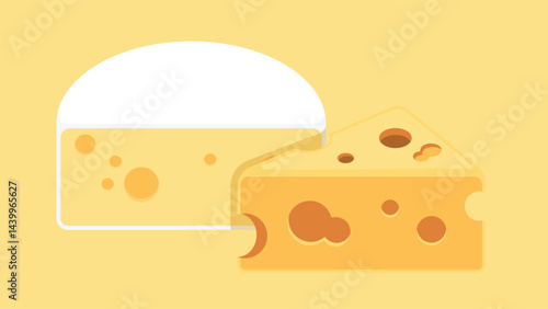 Stylized illustration of cheese varieties on a yellow background. Features white and yellow cheese wedges with holes of different sizes, showing Swiss and cheddar like textures.