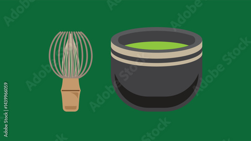 Stylized illustration of Japanese tea ceremony tools on a green background. Features a bamboo matcha whisk chasen with fine tines and a dark ceramic tea bowl containing bright green matcha tea.