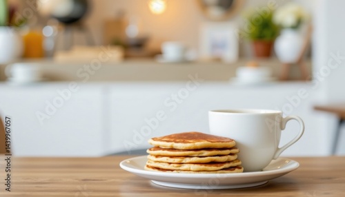 Wallpaper Mural Minimalist aesthetic depiction of stack of pancakes placed beside a teacup with blurred café background with warm inviting tones Torontodigital.ca